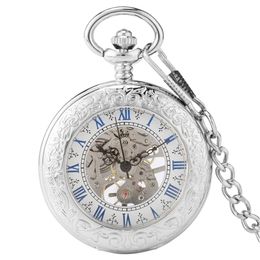 Silver Mechanical Hand Wind Antique Pocket Watch Exquisite Blue Roman Numerals Display Skeleton Pendant Clock Gifts Elder 240122