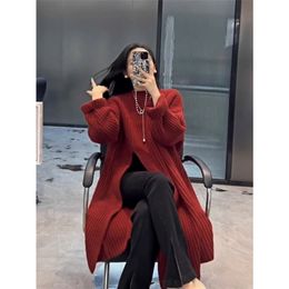 Oversize Loose Sweater Dress Fashion Side Slit Knitted Ribbed Dress Korean Casual Simple Long Dress Ladies Winter 240103