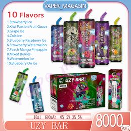 100% Original UZY BAR 8000 puff Disposable e-cigarette 10 flavors 18ml Preloaded cartridge 0% 2% 3% 5% concentration 8K Puffs 600mAh rechargeable e-cigarette