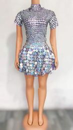 Stage Wear High Neck Short Sleeve Women Mini Dress Shining Sequins Silver Performance Clothing Dancewear Vegas Outfits Gatsby 2024