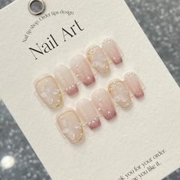 Handmade Korean Press on Nails Medium-length Reusable Luxury Fake Nail Design Full Cover Artificial Manicure Wearable for Girls 240104