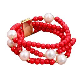 Bracelets GG Jewelry 8'' 4 Strands 10mmWhite Round Pearl 6mm Round Red Coral Bracelet