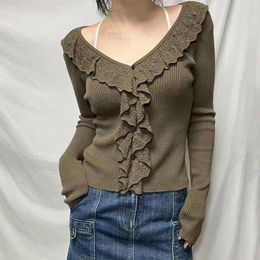 Women's Sweaters Women V-neck Ruffled Blue Pullover Autumn Crochet Hollow-out Long-sleeved Layered Top Pleats Patchwork Slim Fit