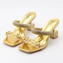 Slippers Design Metallic Silver Luxury Rhinestone Party Dress Women Sandals Thick Heel Chain Sexy Fashion Size 42
