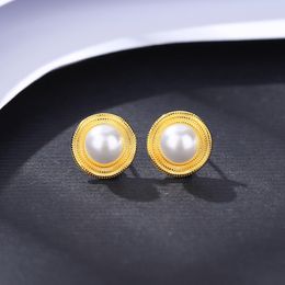 Retro Pearl Earrings S925 Silver Pearl Plated 18k Gold Round Stud Earrings European Women Vintage Earrings Valentine's Day Gift Wedding Party Exquisite Jewelry SPC