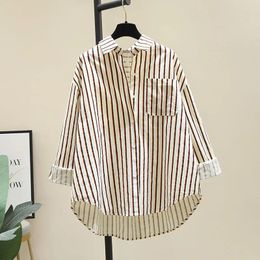 Women's Blouses Vintage Pure Cotton Blue Striped Shirt For Women 2024 Design Sense Niche Lazy Style Top Woman Clothing Y2k Stylish Blouse