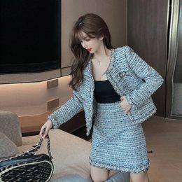 Work Dresses Autumn And Winter Fashion Slim Small Fragrance Wind Two-piece Beading Tweed Skirt Coat Female Elegant Gentle Temperament Suit