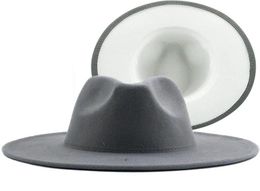Simple Outer Grey Inner white Wool Felt Jazz Fedora Hats with Thin Belt Buckle Men Women Wide Brim Panama Trilby Cap 565860CM7172488