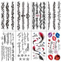 English Tattoo Sticker Feather, Red Lip Totem, Arm Circle Set, Simulated Waterproof