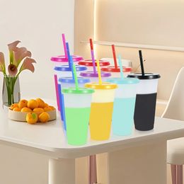 10Pcs Color Changing Cups Food Grade Plastic Straw Cup with Lid 710ml Capacity Cold Drinking Fashion Travel Beverage Mug 240103