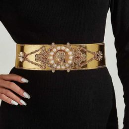 Belts 2023 New Ladies Pearl Fashionable Golden Wide Waist Seal Dress Decoration Waist Elastic Belts for Women Luxury Designer Brand