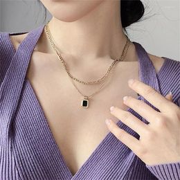 Pendants 925 Sterling Silver Black Block Long Sweater Chain Double Layer Necklace For Women Hip Hop Collar