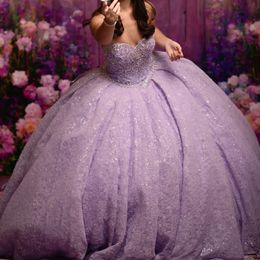 Lavender Sweetheart Ball Gown Beaded Quinceanera Dress Off The Shoulder Princess Corset Dresses Appliques Lace Vestidos De 15 Anos