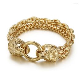 Link Bracelets 14mm Gothic Punk Gold Plate Lion Heads Men Hiphop Retro Black Stainless Steel Double Layer Chain Bangle Jewellery