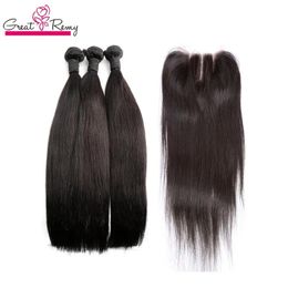 Wefts Greatremy Brazilian Silky Straight Hair Weft with Top Closure 4X4 Lace Closure Virgin Hair Bundles 4PCS Full Head Natural Color Hu