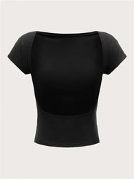 Women's O-neck Backless T-shirt Short Sleeve Solid Colour Crop Top Summer Cute Baby Tee Y2K Clothes Bodycon Tunics Fashion Tank 240103