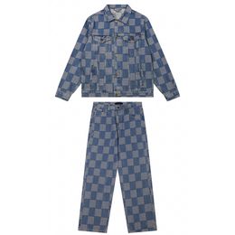 Paris 23FW Chequered Patchwork Button Work Designer Washed Denim Jacket Pants Suit Jeans Coat Sets 0104