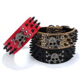 Black Gold Tie Nail Skull Rivet Pet Collar Anti Bite Dog Spiked Studded Large Chain Traction