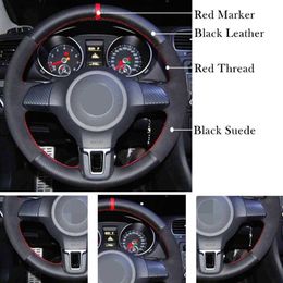 Steering Wheel Covers DIY Black Genuine Leather Suede Car Steering Wheel Cover for vagGolf 6 Mk6 VW Polo Jetta MK5 Sagitar Bora SantanaL24014