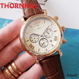 All Dials Work Brand Mens 42mm Watches Clock Genuine Leather Stainless Steel Wristwatch Fashion Quartz Waterproof Calendar Men Wat261y