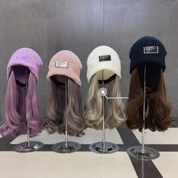 Beanie Hat Knit wig cap With Long Wavy Curly Hair Extensions Wig Loose Extension Knitted Pom Cap Synthetic Hairpiece