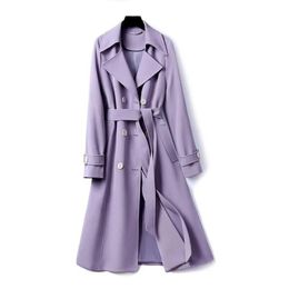 Trench Women Purple Double Breasted Long Trench Coat New Lapel Long Sleeve Slim Windbreaker With Belt Fashion Spring Autumn