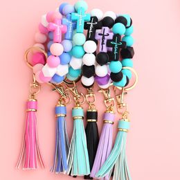 New Jewellery Crucifix Key Chain Candy Colour Silicone Beads Bracelet Matching Tassels Bunny Bag Holiday Gift Easter Silicone-Bead Bracelet Pendant Keychain 10 Colours