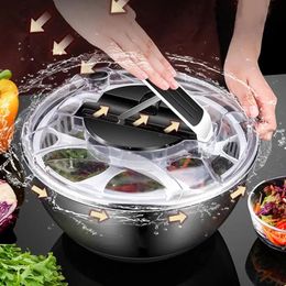 Vegetable Dehydrator Stainless Steel Salad Spinner Fruit Cleaning Basin Rotating Double Layer Drain Basket Kitchen Accessories 240104