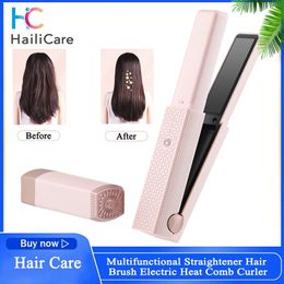 Professional Straightener Hair Brush Electric 2 In 1 Hair Straightener And Curler Rechargeable Wireless USB Straightening Brush 240104