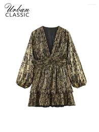 Casual Dresses Women Short V-neck Dress Lantern Long Sleeve Deep High Waist Mini Female Gold Folds Vintage Party Vestidos