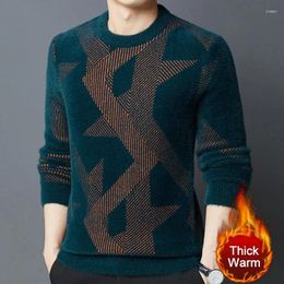 Men's Sweaters High Quality Contrast Geometric Print Elasticity Sweater Men Slim Fit Round Neck Warm Korean Herren Pullover Winter