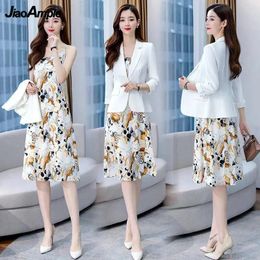 Suits 2022 Summer New Slim Thin Suit Coat Floral Dress Twopiece Women Korean Autumn Eleagnt Blazers Chiffon Suspender Midi Skirt Set