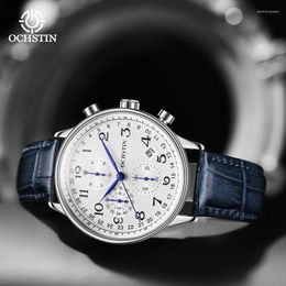 Wristwatches OCHSTIN Mens Watches Luxury Chronograph Military Sport Watch Analogue Quartz Wristwatch Navy Blue Leather Belt Gift For Boyfriend