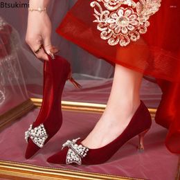 Dress Shoes 2024 Women's Sexy Red Velvet Wedding Luxury Pearl Bowknot Pointed Toe High Heels Pumps Stiletto