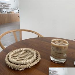 Mats & Pads Table Mats Natural Rattan Placemat Dining Round Tea Cup Place Vintage Drink Pad Pot Mat Christmas Decorations For Home Dro Dhjmp