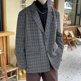 Men's Suits Fashion Oversize Plaid Blazer Jacket Men Japanese Style Clothing Vintage Casual Loose Grid Suit Coat Hip Hop Streetwear Khaki