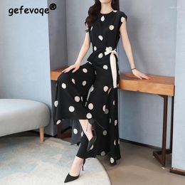 Women's Two Piece Pants Elegant Fashion Polka Dot Print Pant Sets Summer 2024 O-Neck Short Sleeve Blouse Elastic Waist Wide Leg Loose