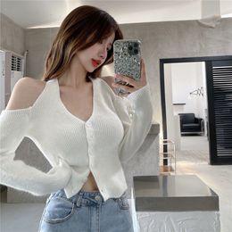 Chic V-neck Slim Long Sleeve Cardigan Summer Knitted Stretchy Off The Shoulder