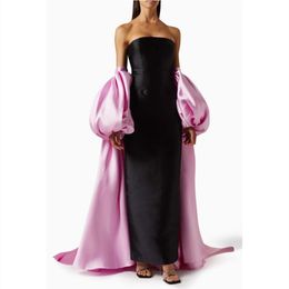 Elegant Long Black Satin Strapless Evening Dresses With Removable Sleeves Sheath Ankle Length Back Slit Prom Dress Party Dresses for Women