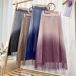 Skirts High Waist Mesh Tulle Skirt 2024 Fashion Women Clothing Glitter Gradient Pleated Midi Long Womens Summer Jupe Faldas