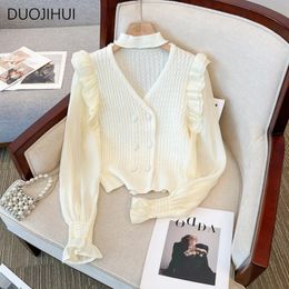 DUOJIHUI Sweet Vneck Chicly Halter Knit Sweater Women Cardigan French Simple Double Breasted Fashion Pure Colour Female 240104