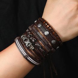 Charm Bracelets 6-piece Vintage Cowhide Woven Rope Leather For Men Punk X-Letters Pentagram Wood Bead Bracelet Set