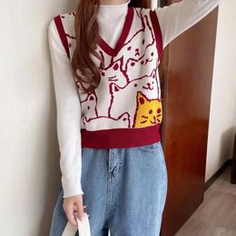 Women's Vests Gaodinglan Sleeveless Outwear Women Knitted Vest Fashion Kitten Print V Neck Sweaters Spring Autumn Female Loose Pullover Tops