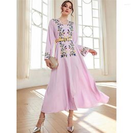 Ethnic Clothing Vintage Women Abayas Muslim Slim Boho Embroidery V-neck Dress Kaftan Party Long Gown Belted Vestidos Islam Turkey Dresses