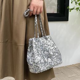 Sequins Handbags Silver Bag Women Crossbody Bag Bling Fashion Lady Bucket Handbags Girls Glitter Purses Shoulder Bag Clutch 240103