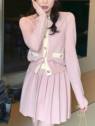 Work Dresses Sweet Elegant Two Piece Set Women Button Pink Korean Fashion Skirt Female Casual Designer Knitted Suit 2024 Autumn