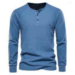 Men's T Shirts European Autumn/Winter Underlay Henley Neck Long Sleeved Waffle T-shirt Solid Colour Foreign Trade Top