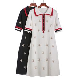 Spring Summer Knit Cartoon Embroidered Polo Dress Woman Plus Size Black Casual Knee-length Straight Dresses Female 240104