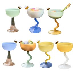 Creative Coloured Glass Goblet Ice Cream Bowl Glass Cup Cold Drink Fruit Tea Cocktail Cup Dessert champagne Decorative Glass Cup 240104