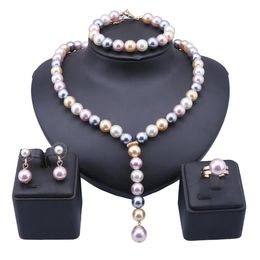 Women Imitation Pearl Charm Bracelet Earrings Ring Necklace Wedding Party Birthday Gift Jewelry Set